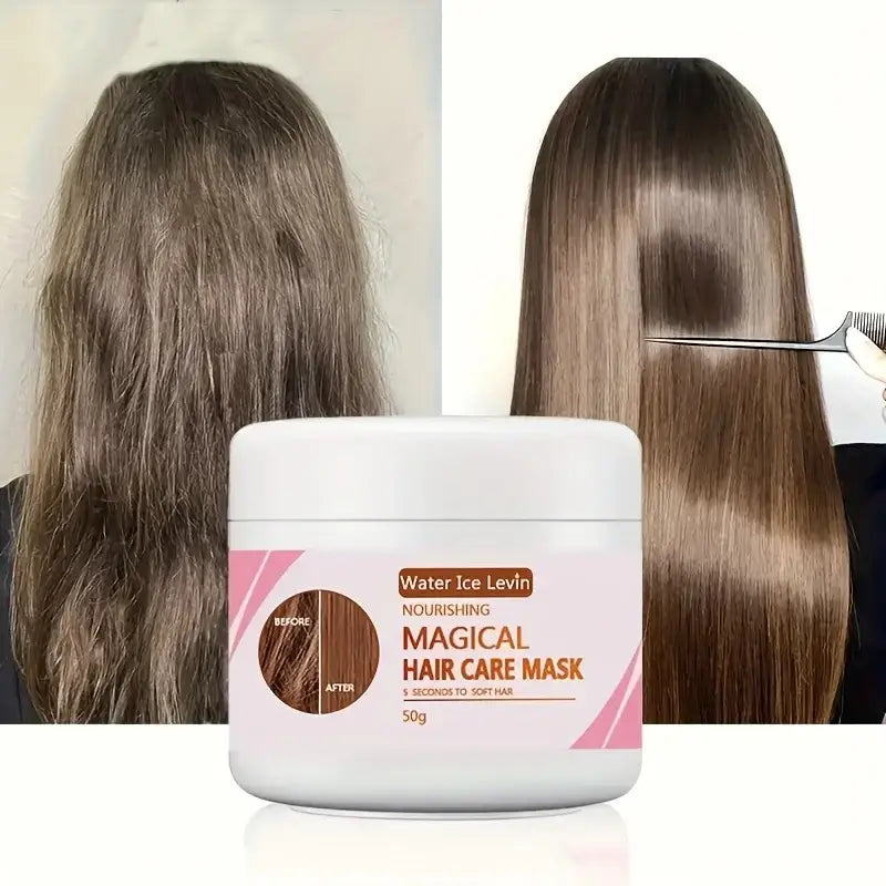 Hair care mask product jar with before and after hair comparison images.