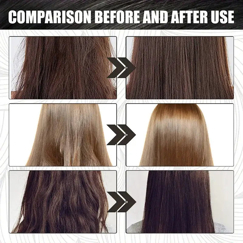 Comparison of hair before and after treatment showing smoother, straighter results.