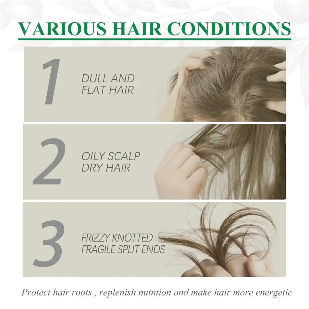 Infographic showing three common hair conditions with visual examples and brief descriptions.