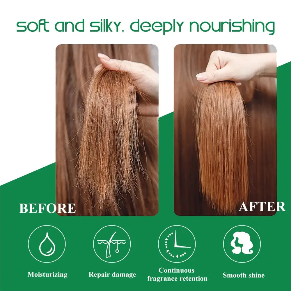 Before and after comparison of hair treatment showing improved smoothness and shine.