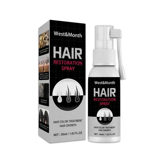 Hair restoration spray product with packaging showing a bottle and box.