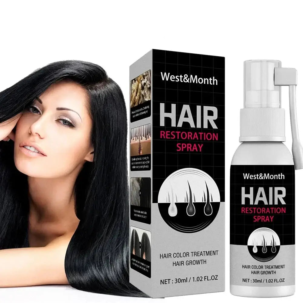 Hair restoration spray product with its packaging and an image of a woman with long dark hair.