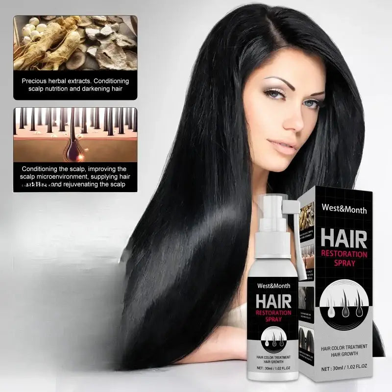 Hair restoration spray product with accompanying marketing images showcasing long, shiny black hair and ingredient benefits.