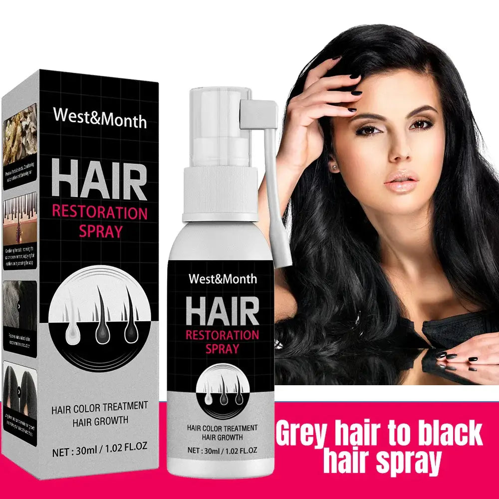 Hair restoration spray product with packaging and promotional image.