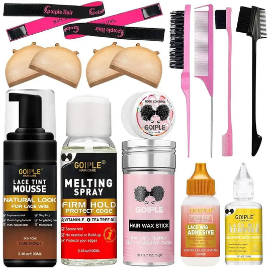 Collection of hair styling products and accessories including combs, brushes, sprays, mousses, and edge control items.