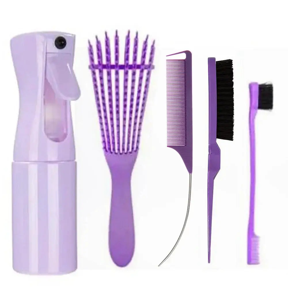 Collection of purple hair styling tools and accessories.