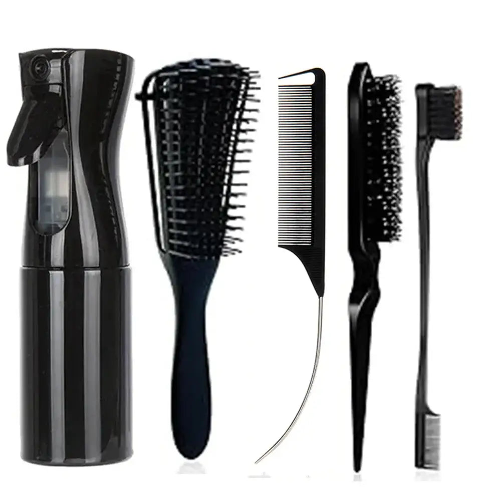 Collection of hair styling tools including a spray bottle, brushes, and a comb.