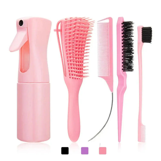 Set of pink hair care tools including a spray bottle, brushes, and combs.