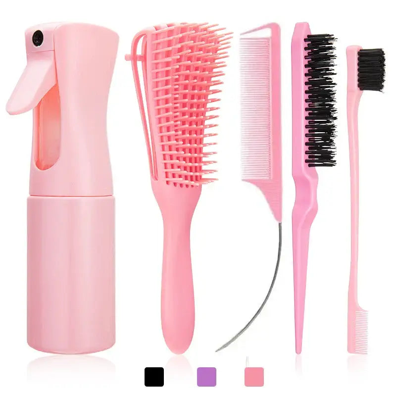 Set of pink hair styling tools including a spray bottle, brushes, and combs.