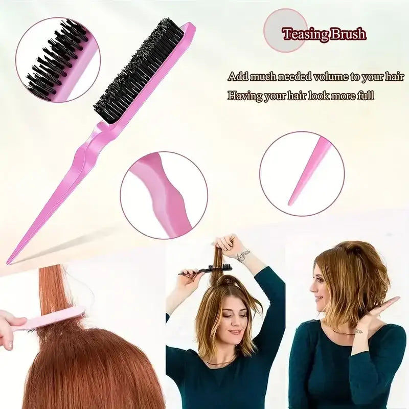 Pink teasing brush with black bristles for adding volume to hair.