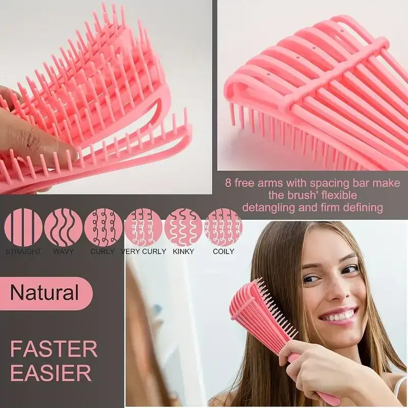 Pink detangling hairbrush with flexible bristles and a spacing bar.