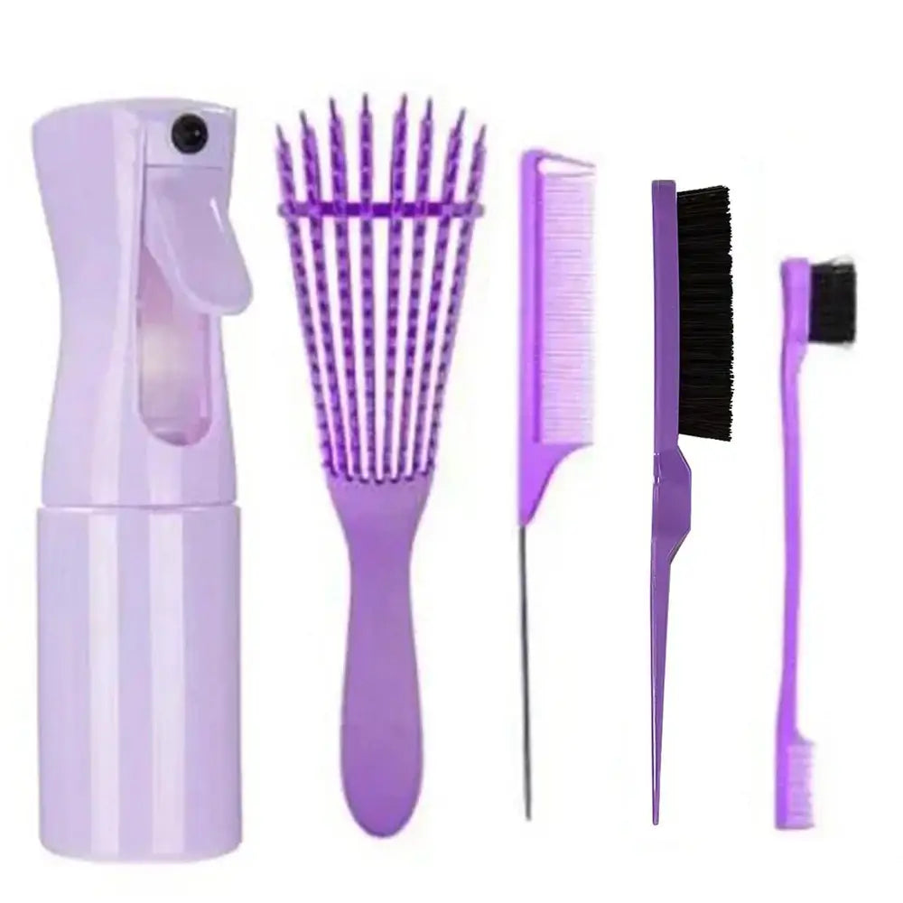 Set of purple hair styling tools and accessories.