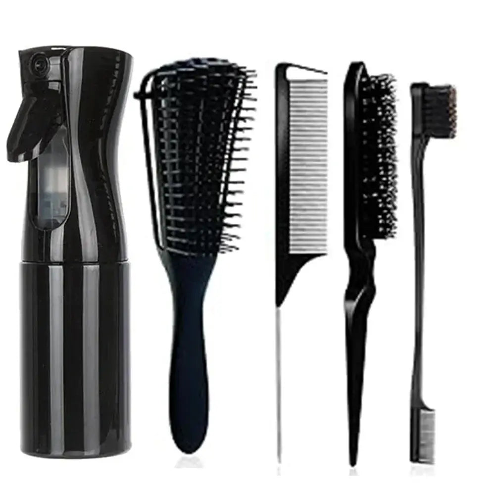 Spray bottle and assorted hair styling tools including brushes and a comb.