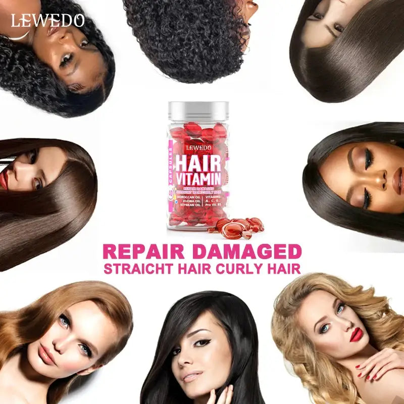 Bottle of red hair vitamin gummies surrounded by images of diverse hair types and styles.