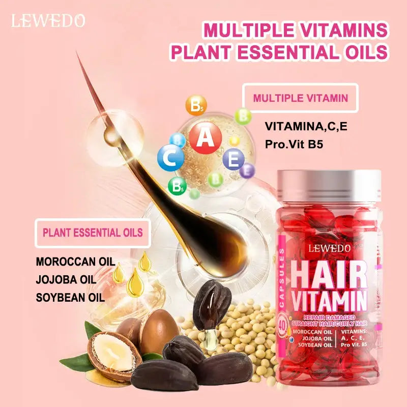 Bottle of hair vitamin supplements with ingredients and benefits displayed around it.