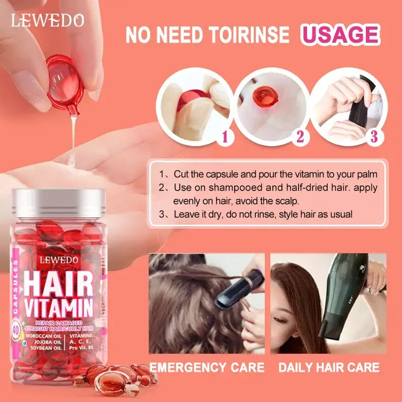 Hair vitamin capsules in a pink bottle with usage instructions.