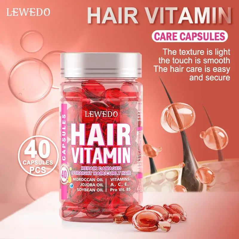 Clear plastic bottle containing red hair vitamin capsules.