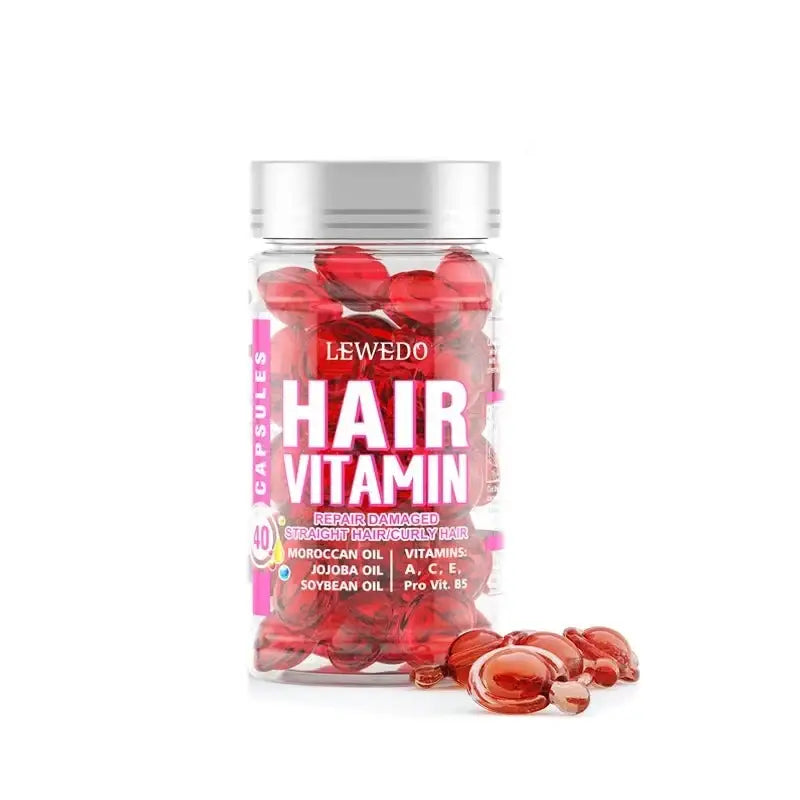 Clear plastic jar containing red hair vitamin gummies.