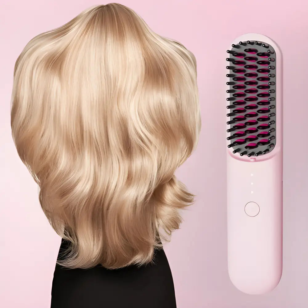 Blonde shoulder-length wig displayed next to a pink hair straightening brush.