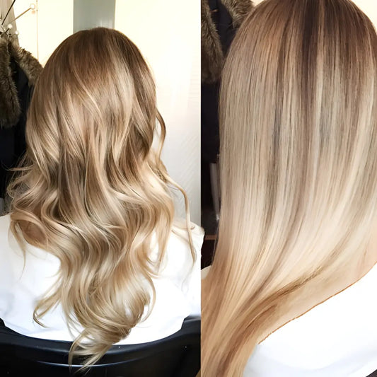 Long blonde hair styled in two different ways: wavy and straight.