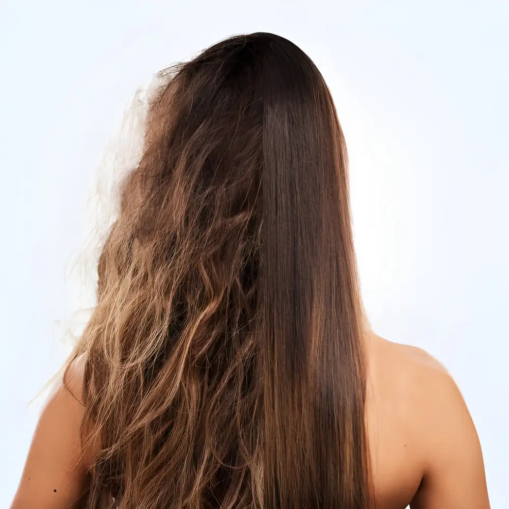 Long brown hair with a gradient from darker roots to lighter ends, styled straight on one side and wavy on the other.