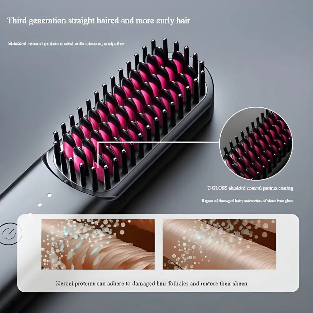 Hair straightening brush with black bristles and pink heating elements.