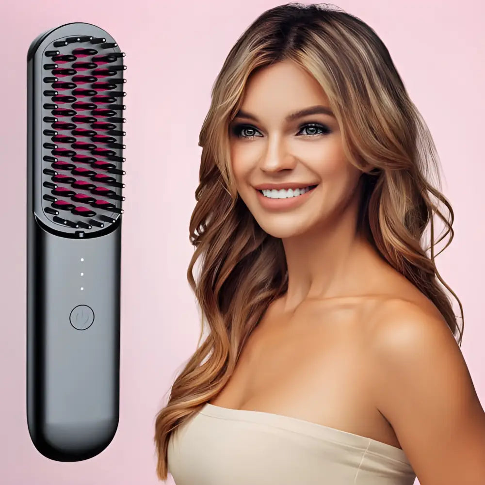 Hair straightening brush with heated bristles and a digital display.