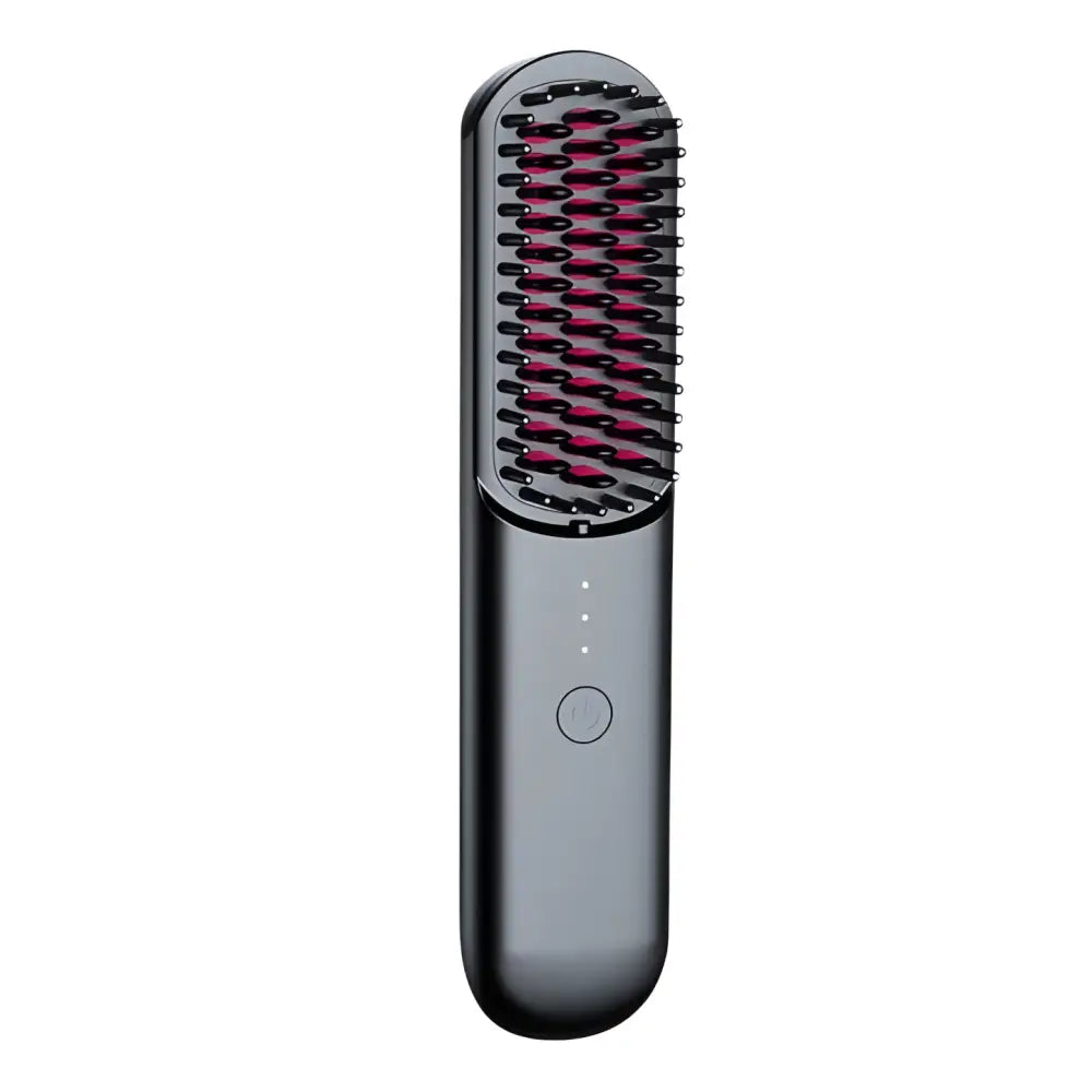 Hair straightening brush with a sleek gray and black design featuring pink bristles.