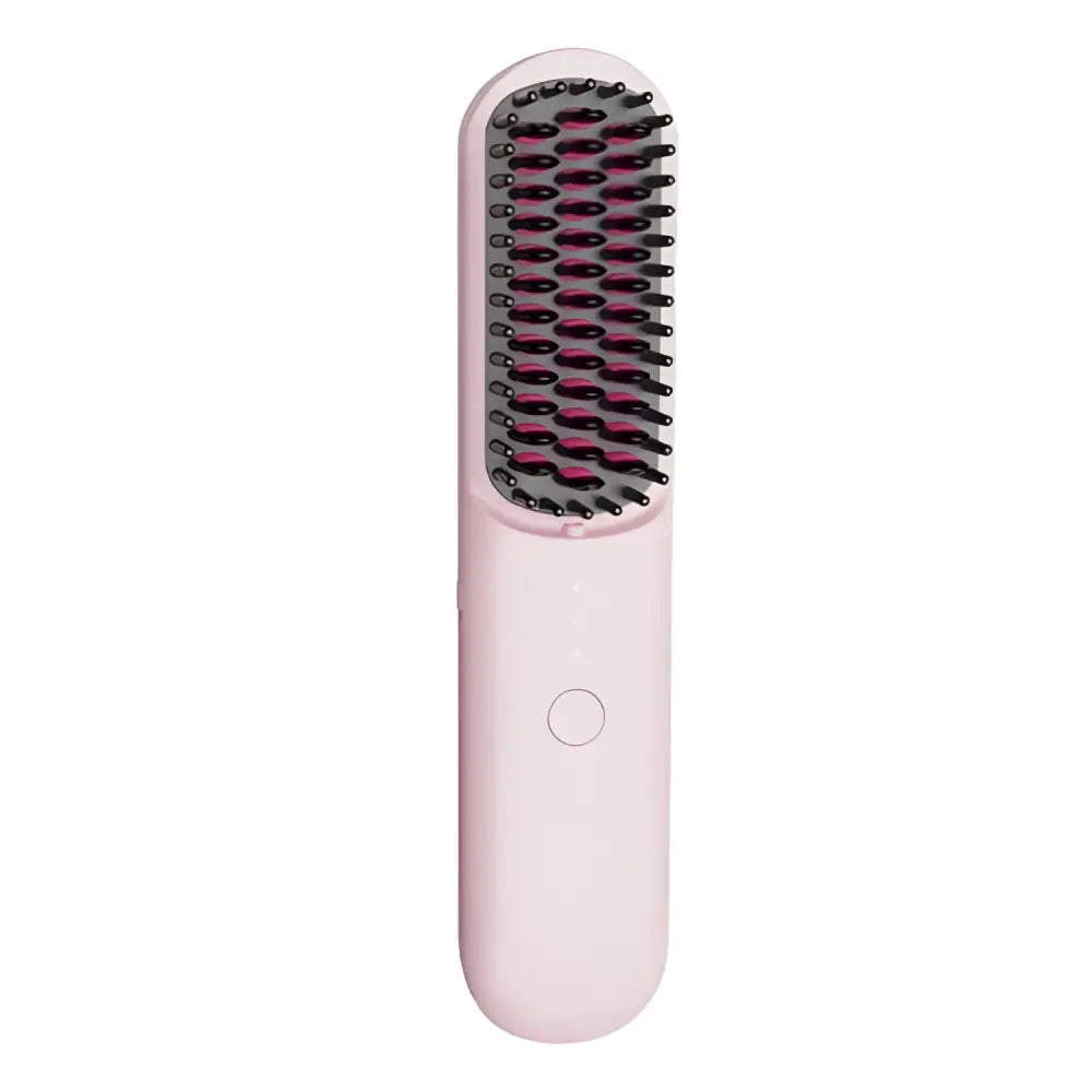 Pink electric hair straightening brush with bristles.