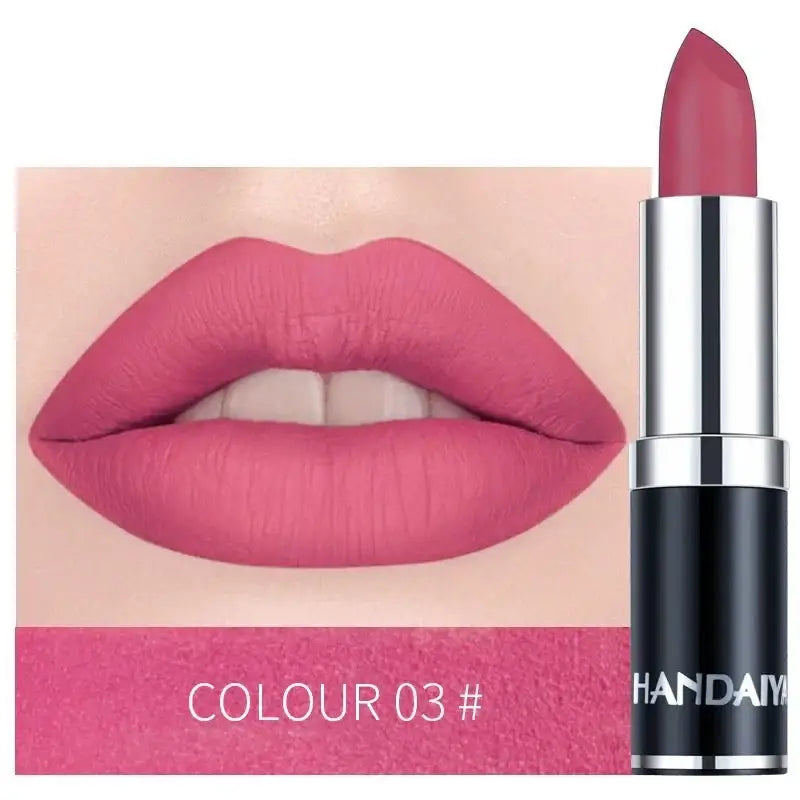 Pink lipstick alongside a close-up image of lips wearing the same shade.