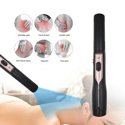 Handheld laser therapy device for pain relief with diagrams showing treatment areas.