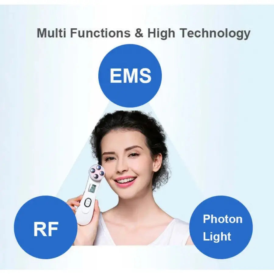 Handheld beauty device with multiple functions including EMS, RF, and Photon Light technology.