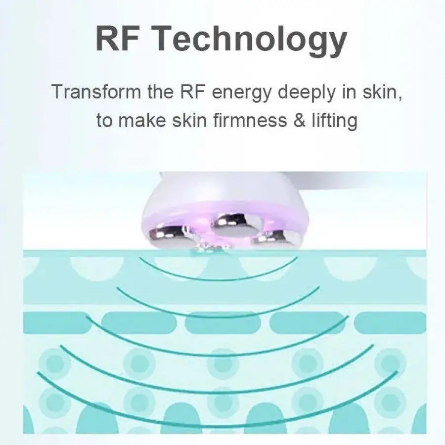 Handheld beauty device emitting RF waves for skin treatment.