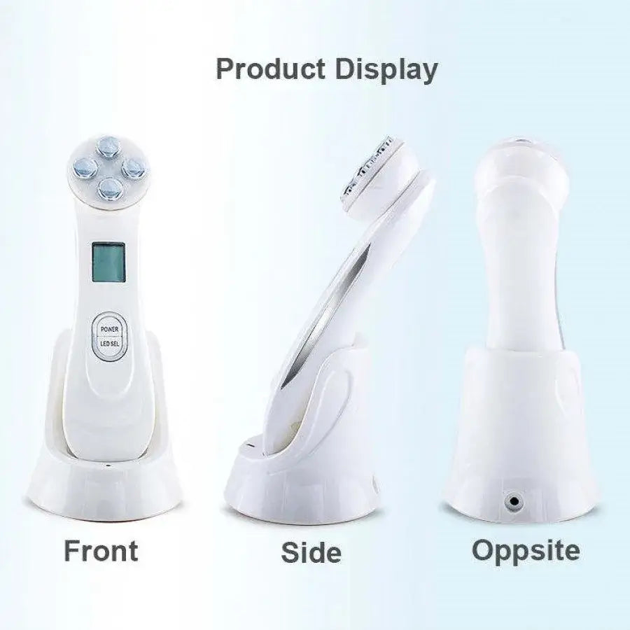 White handheld electronic beauty or skincare device with multiple attachments shown from different angles.