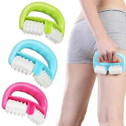 Handheld massage roller tool with colorful handles and white rolling spikes.