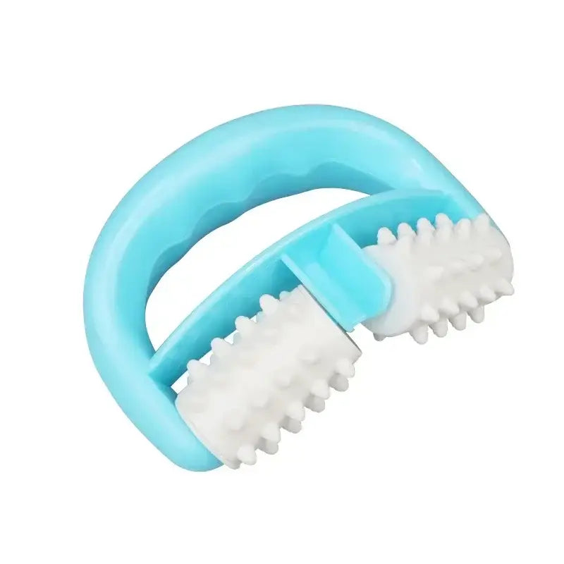 Handheld massage roller with a blue handle and white textured rollers.