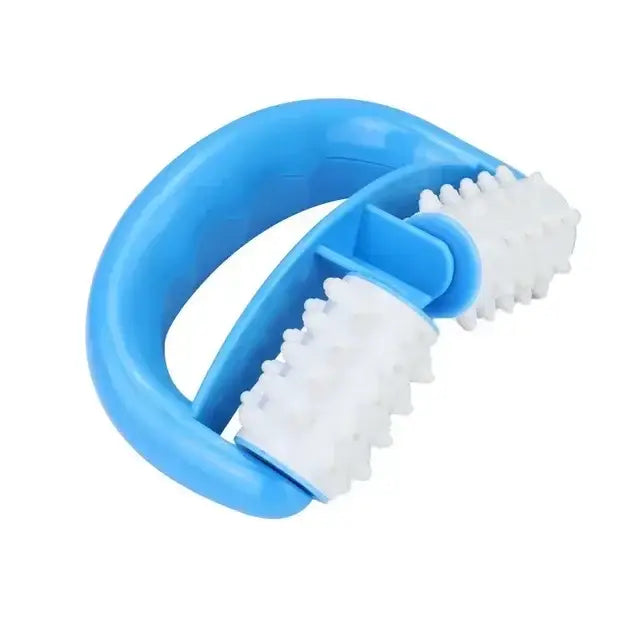 Blue plastic handheld massage roller with white ridged rollers.