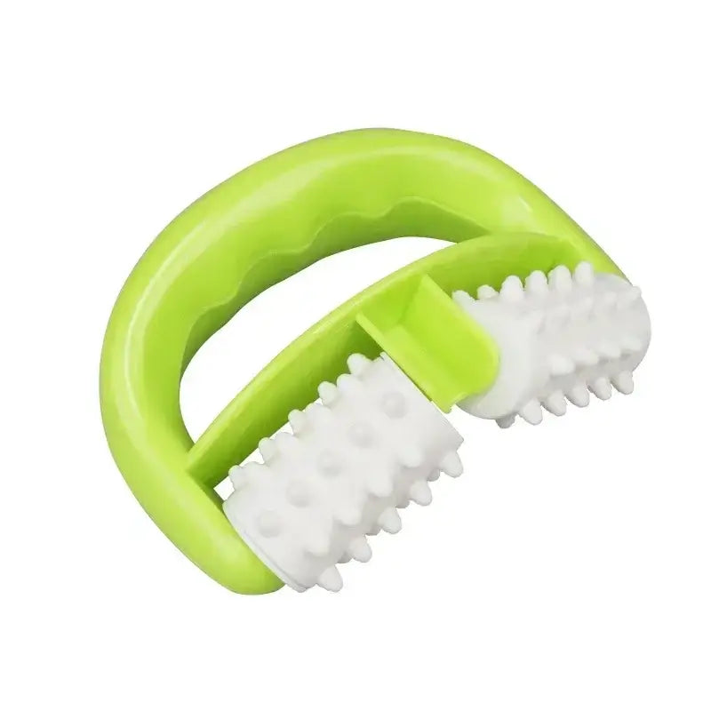 Bright green handheld massage roller with white textured rollers.