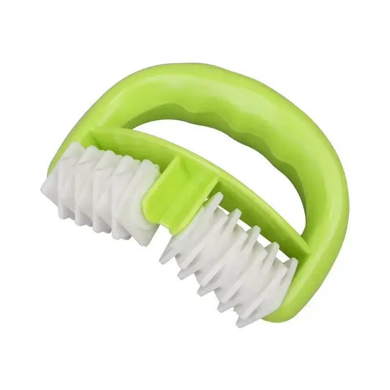 Bright green handheld massage tool with white bristles.