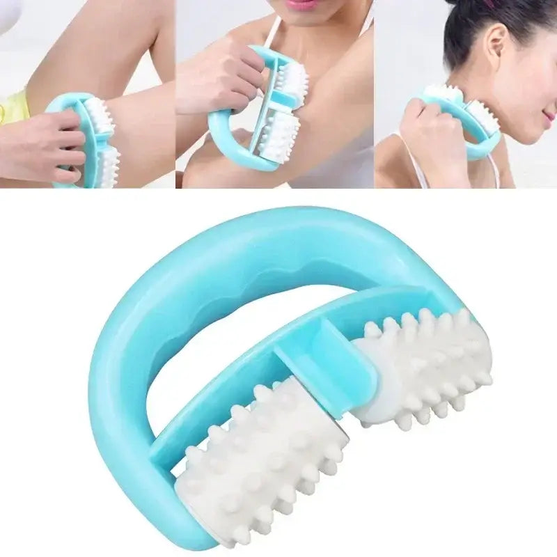 Handheld massage tool with a curved blue handle and white rollers.