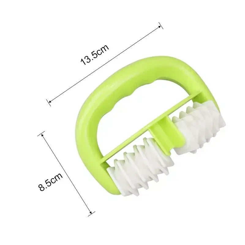 Lime green handheld massage roller with white ridged rollers.