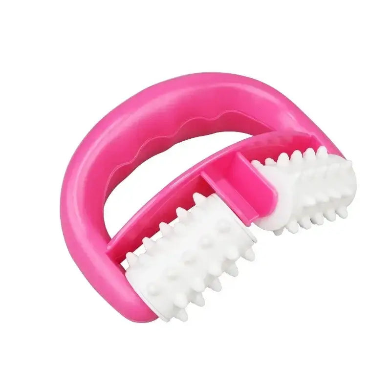 Pink handheld massage roller with white ridged rollers.