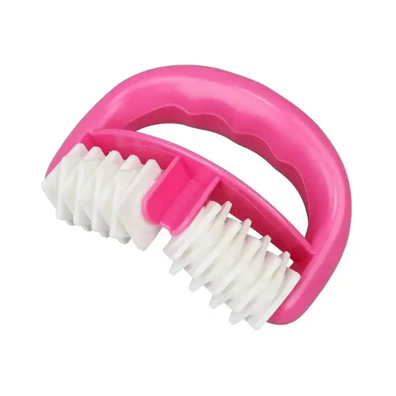 Pink handheld massage roller with white bristles.