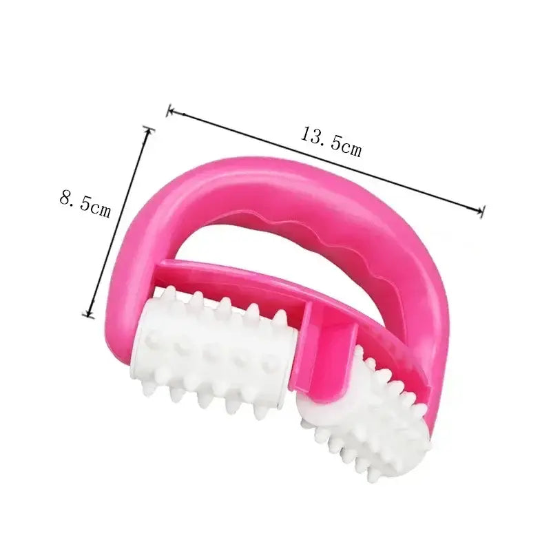 Pink handheld massage roller with white textured wheels.