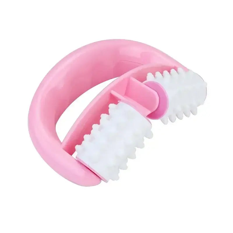 Pink handheld massage tool with white ridged rollers.