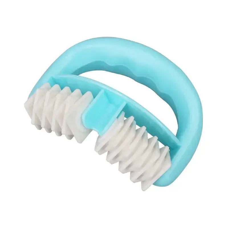 Handheld plastic massage tool with curved handle and bristled roller.