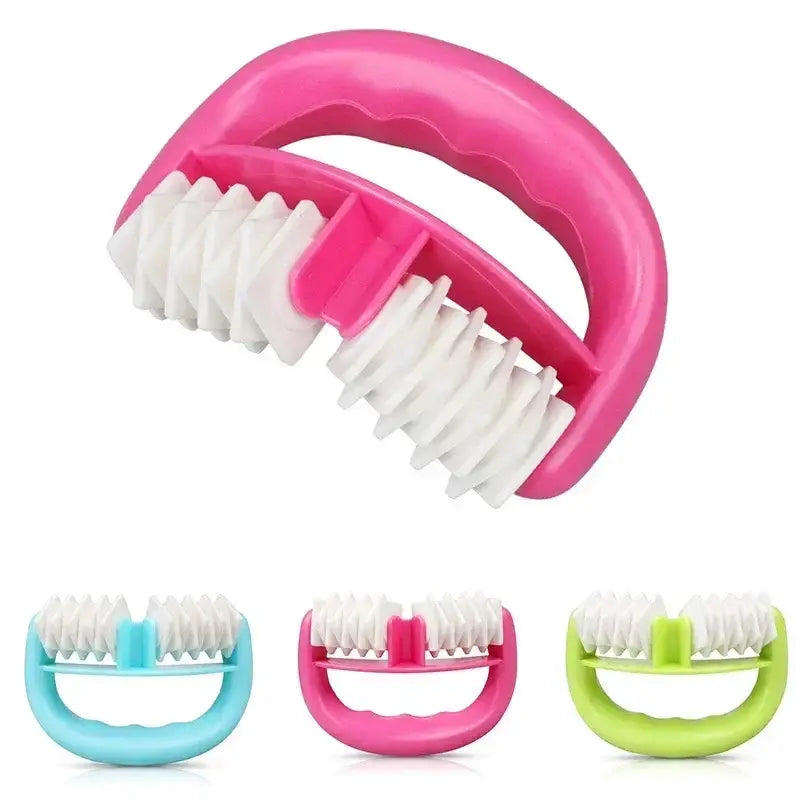 Handheld plastic massage roller with bristles in bright colors.