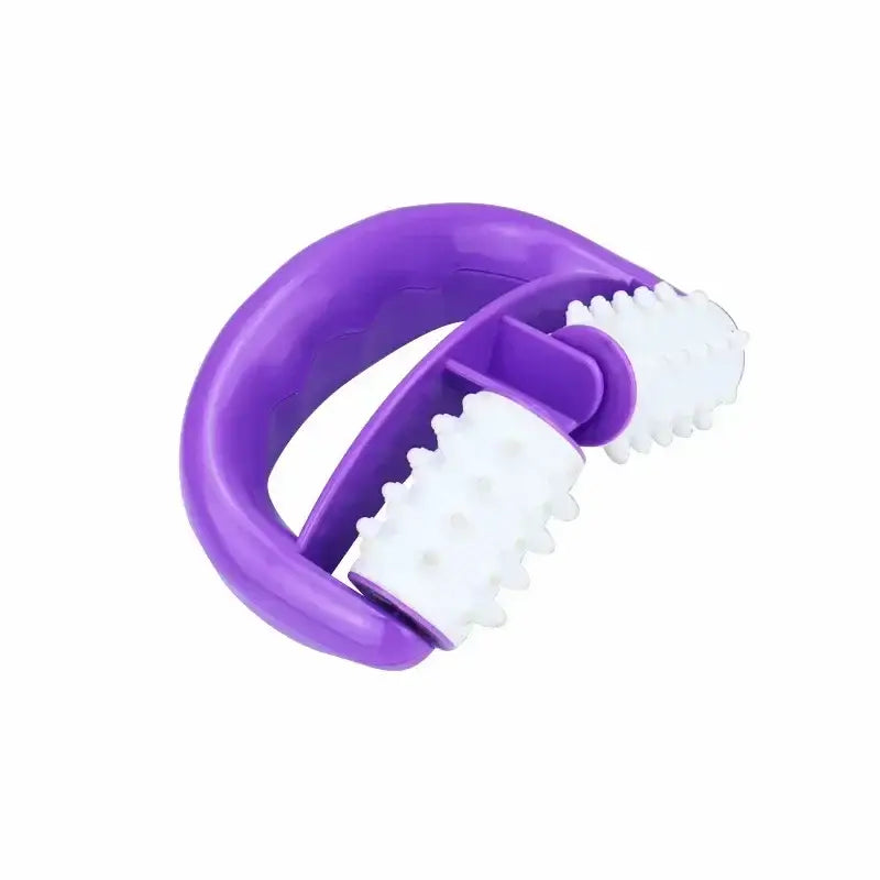 Purple handheld massage tool with white rolling wheels.