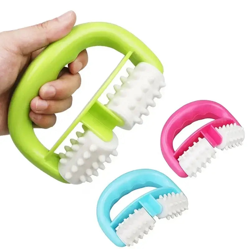 Handheld massage roller tools with colorful handles and textured rollers.