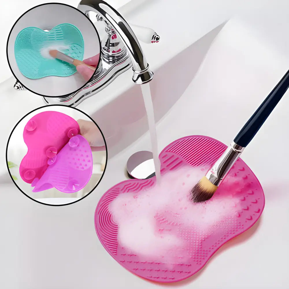 Silicone makeup brush cleaning pad with textured surface and suction cups.